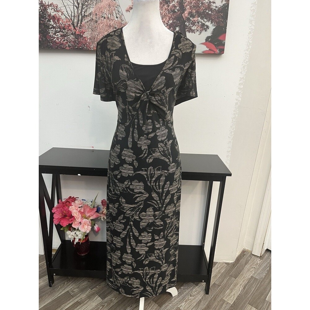 Croft & Barrow Maxi Dress XL Black Floral Twist Front Short Sleeve Stretch